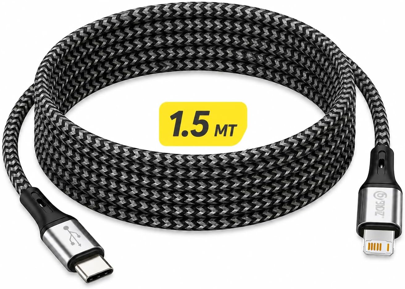 ByDiz Premium Örgülü USB-C - Lightning 1,5 m 27W Hızlı Şarj Kablosu, iPhone 14/13/12/11, iPad, AirPods Uyumlu, Siyah