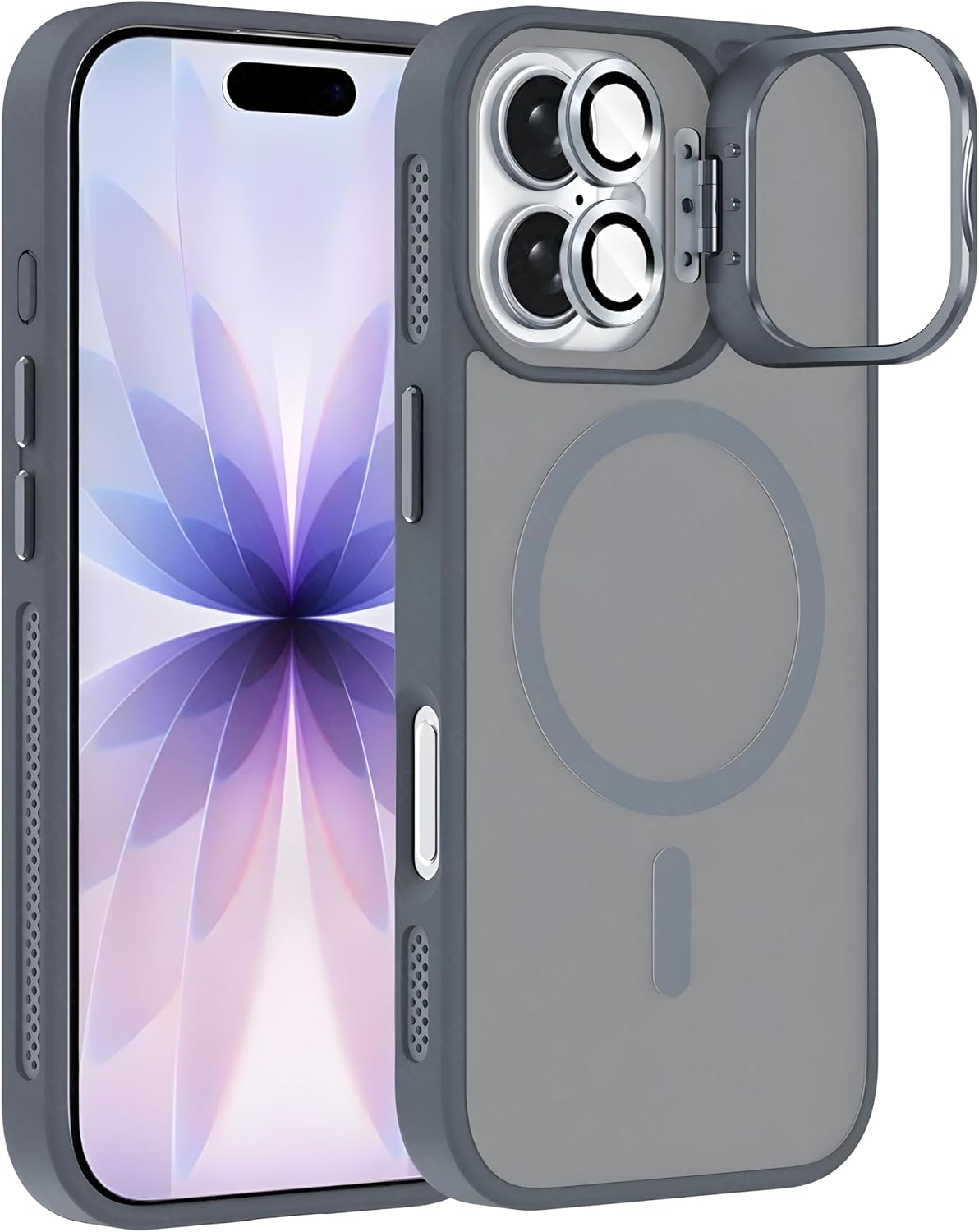 iPhone 17 ile Uyumlu Magsafe Wireless Şarj Özellikli Kamera Standlı Lüks Mat Silikon Kılıf [Lens Koruyucu Hediyeli] (Gri, iPhone 17)