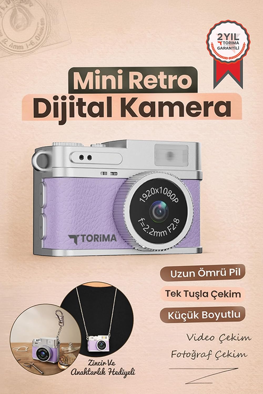 Mini Dijital Kamera Selfie Video Vlog Kamerası Mini Anahtarlık 1080P CMR35 Mor