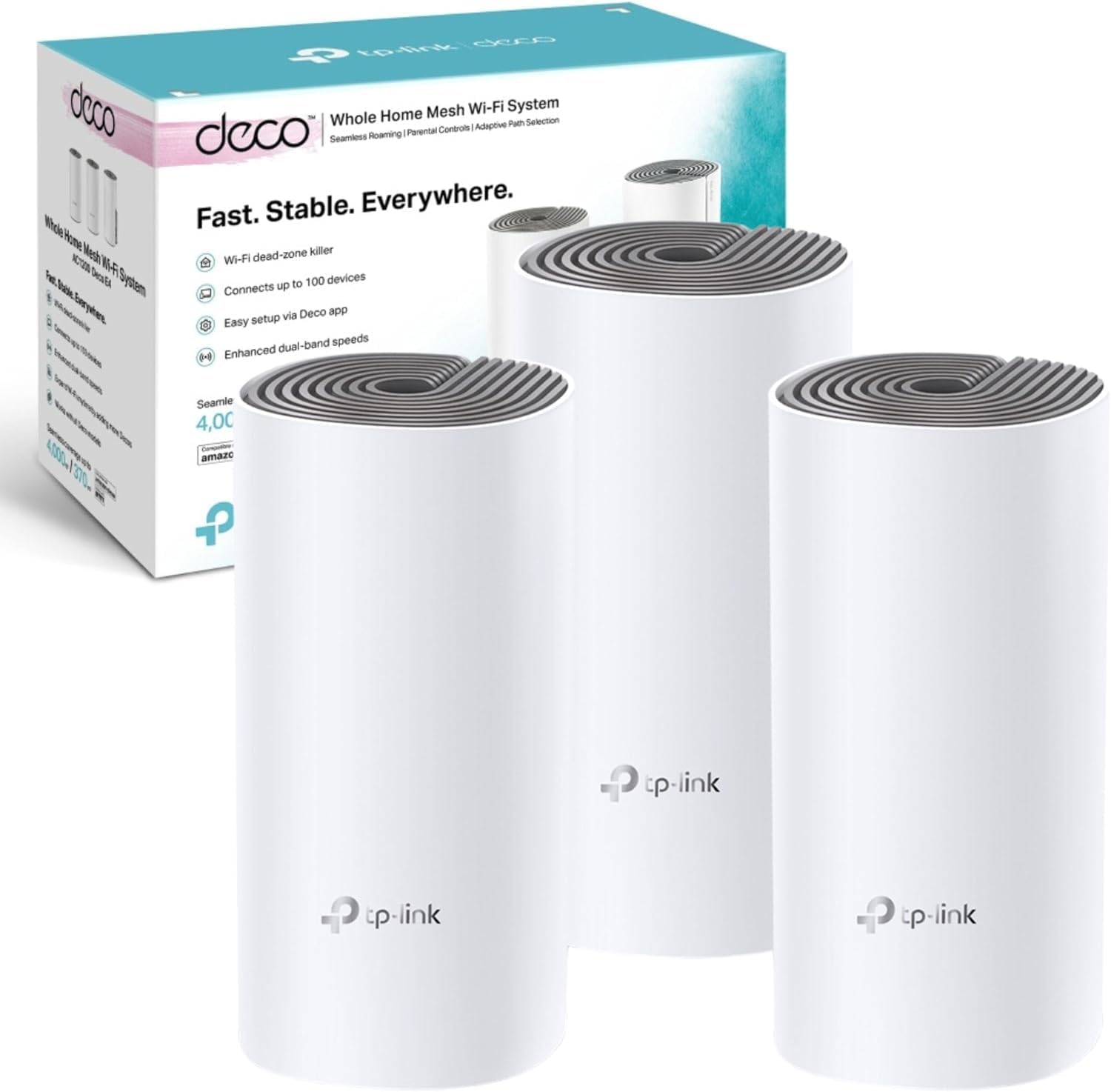 Deco E4 3-Pack , AC1200 Mbps, Dual-Band, 10/100Mbps Portları, 100 Cihaza Kadar Bağlanılabilirlik, 370 m²'ye Kadar Kapsama, Mobil Uygulama ile Kolay Kurulum, Wi-Fi 5 Mesh Sistemi