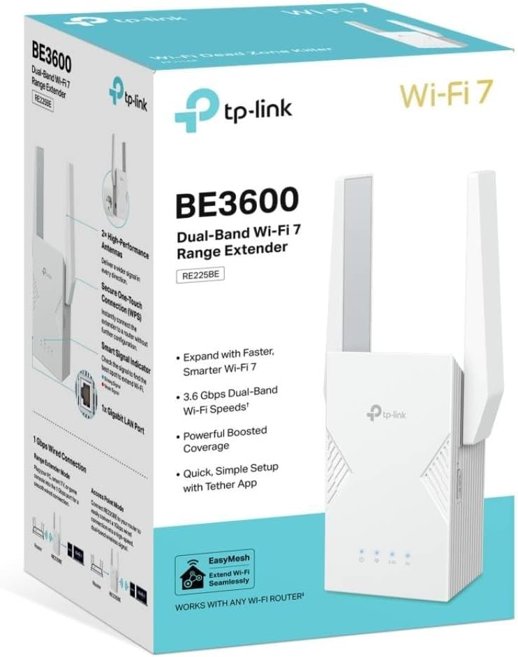 RE225BE | BE3600 Wi-Fi 7 Menzil Genişletici | 3.6 Gbps Hız | Gigabit Ethernet Port | Sinyal Güçlendirici | EasyMesh Desteği | Akıllı Roaming | Tether Uygulaması | Kolay Kurulum