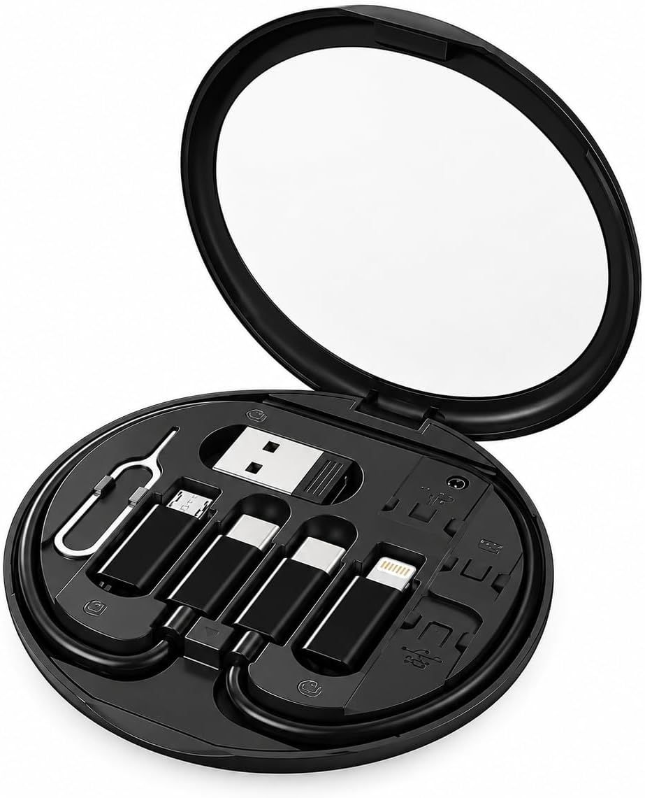 Aquatech 60W Çok Fonksiyonlu Veri Kablo Seti, USB-A/USB-C/Lightning/Micro USB Dönüştürücü Kablo Kiti, SIM İğneli Kart Saklama Kutusu, 29cm Taşınabilir Şarj Kablosu (Siyah)