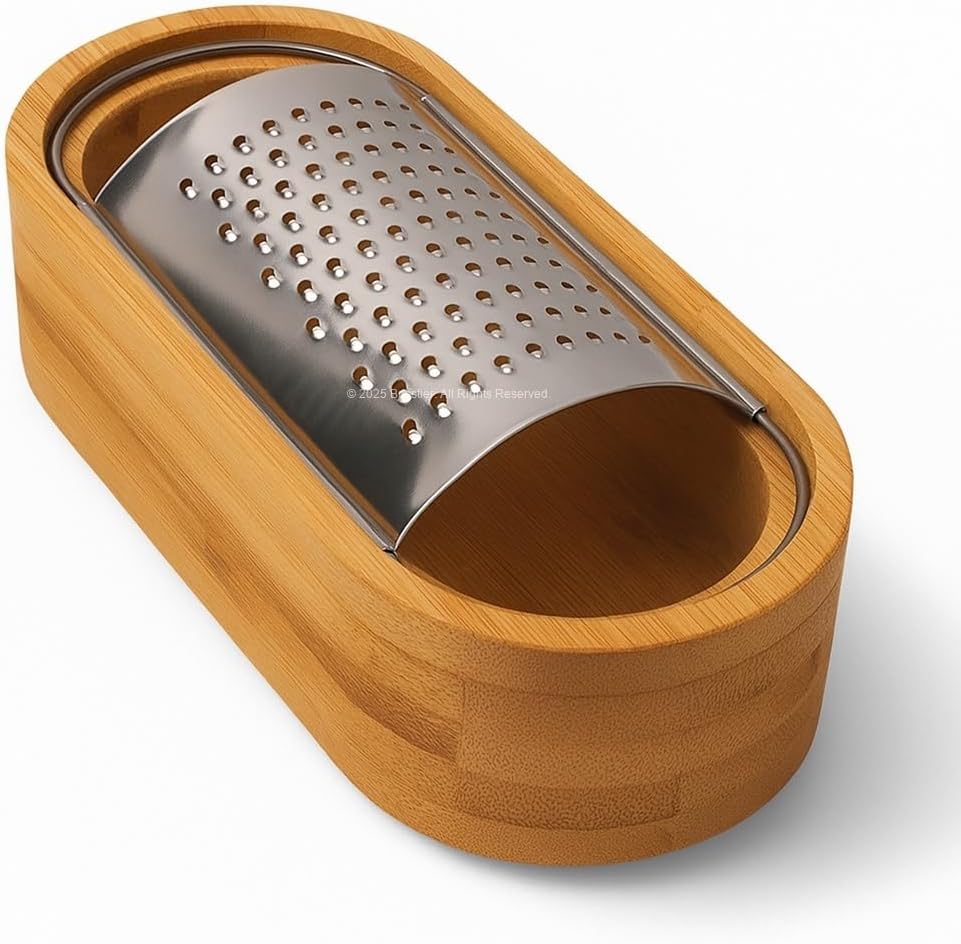 Ahşap Bambu Hazneli, Yatay Oval Metal Bombeli, Çok Amaçlı İnce Rende, 7 x 15,5 cm, Peynir, Sarımsak, Sebze, Çikolata, Dayanıklı, Pratik Temizlenebilir, Ergonomik Mutfak Rende