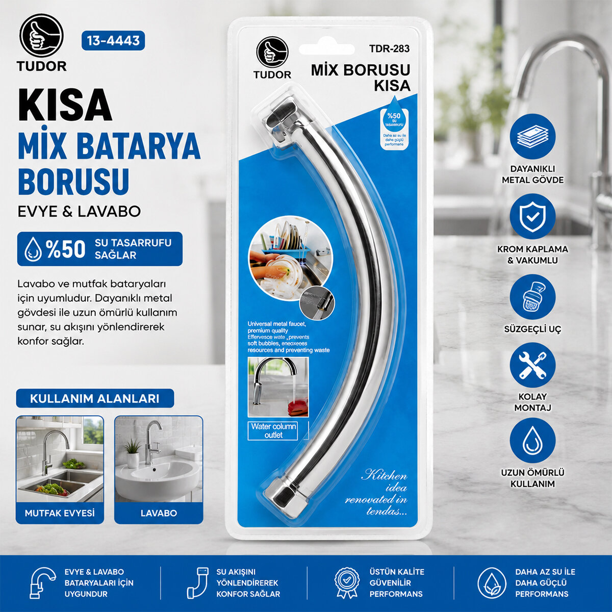 KUĞU EVYE - LAVABO KISA MİX BATARYA BORUSU KROM KAPLAMA - VAKUMLU - SÜZGEÇLİ UÇ