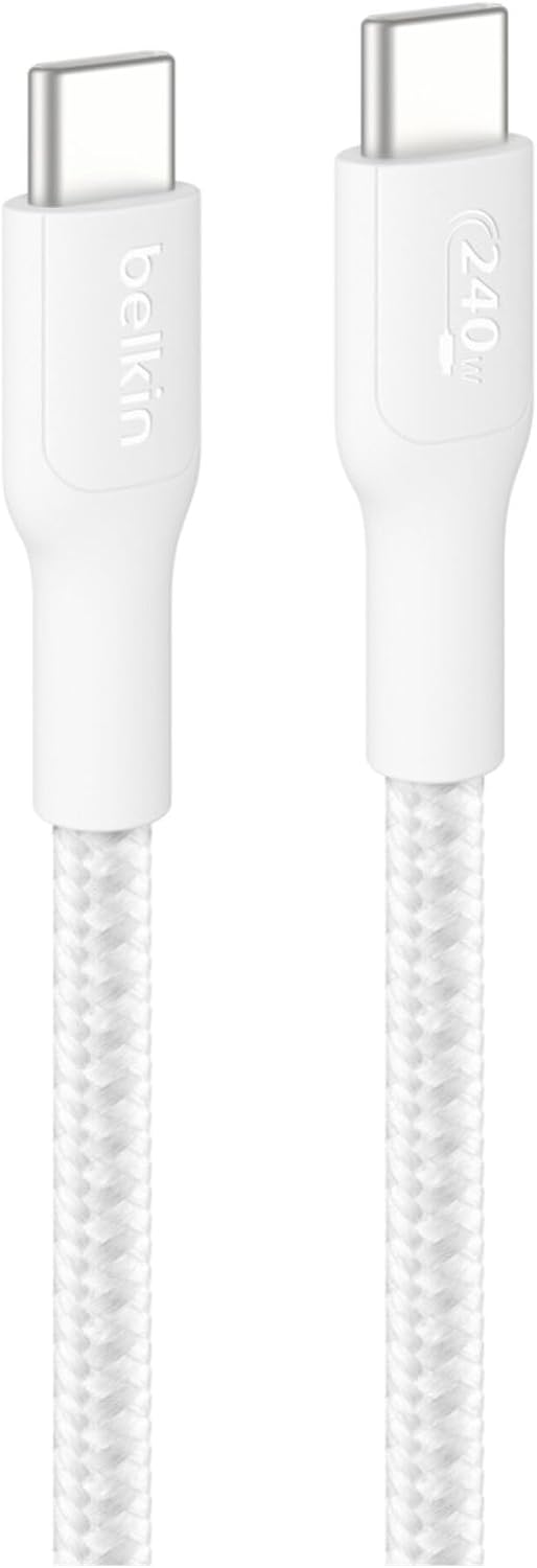 Eco Örgülü USB-C - USB-C Kablosu, 3 m, 240 W, Yumuşak, Esnek Hızlı Şarj Kablosu, iPhone 16, Galaxy S25, Pixel 9, MacBook, iPad Pro ve Daha Fazlası için Tip-C Şarj Kablosu - Beyaz (USB 2.0)