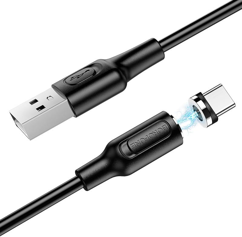 Manyetik Uçlu iPhone 15 Serisi Uyumlu 1 Metre Şarj Kablo Mıknatıs Uçlu Siyah Renk Samsung Uyumlu Şarj Kablo BX41 USB C (Type-C)