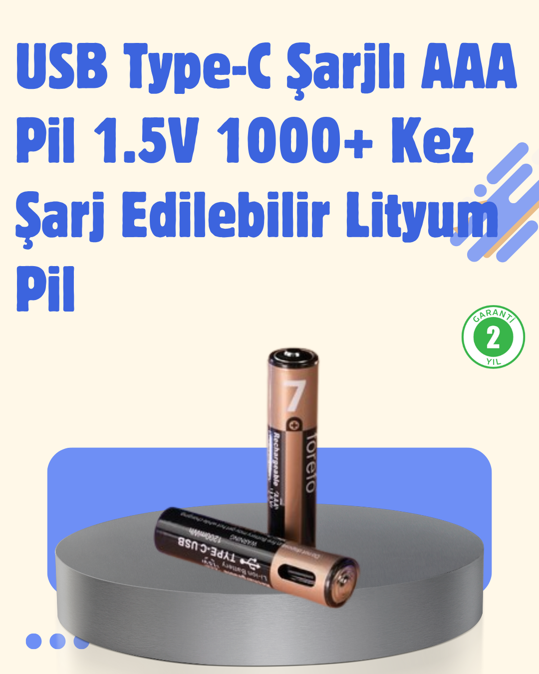 USB Type-C Şarjlı AAA Lityum Pil 1000+ Şarj Döngüsü ile Uzun Ömür