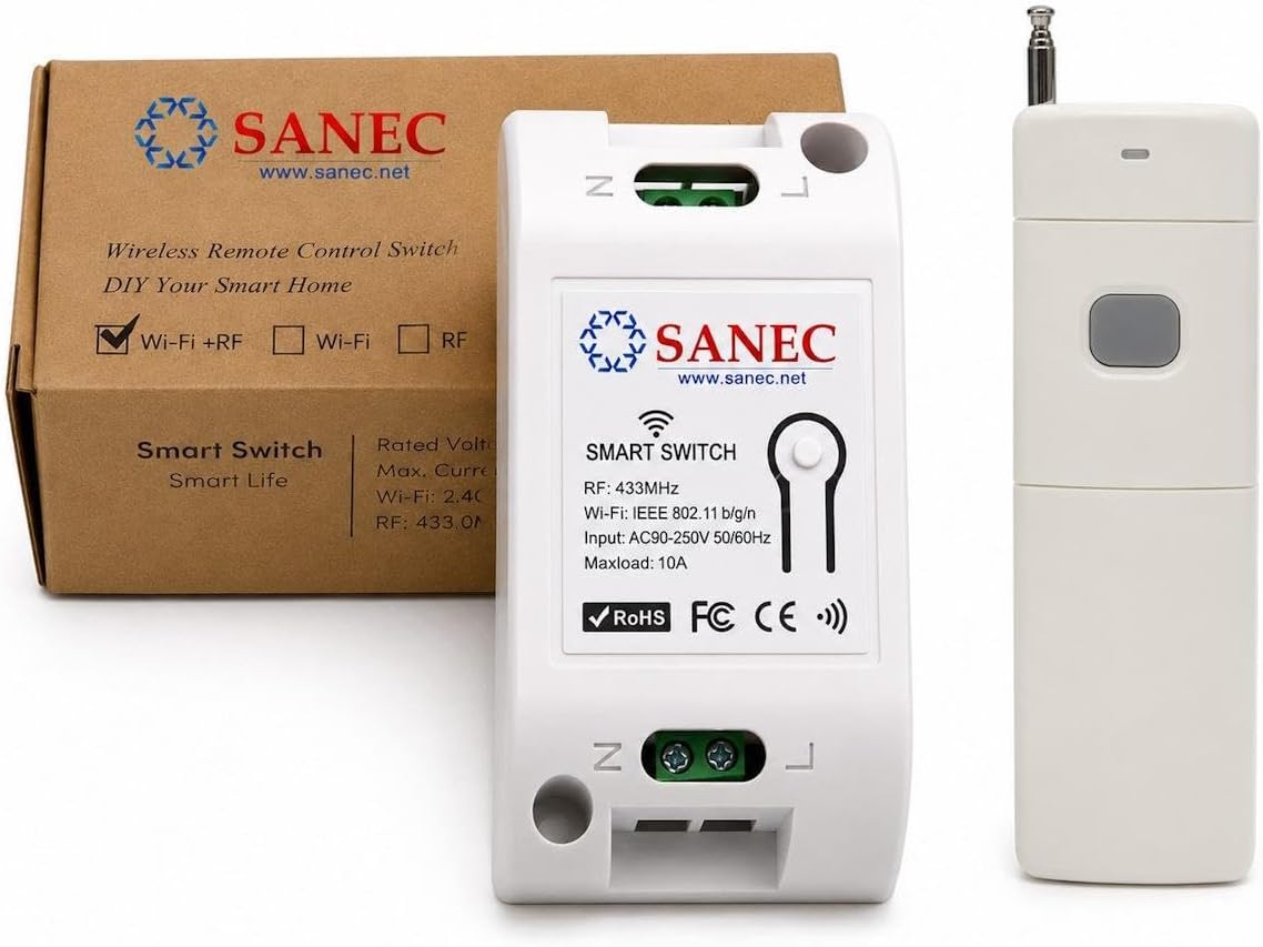 Akıllı WiFi + RF 433MHz Tek Kanallı 10A Röle Modülü - AC 100-240V Uzun Menzil RF Kumandalı Set (Tuya, Alexa, Google Asistan Destekli)
