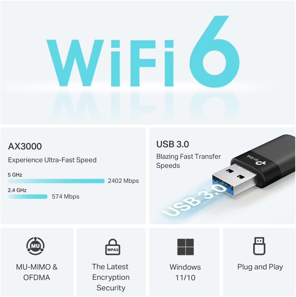 Archer TX50U | AX3000 Wi-Fi 6 Kablosuz USB Adaptör | 3000 Mbps Çift Bant Hız | USB 3.0 | Dahili Sürücü Tak Çalıştır | WPA3 Güvenlik | MU-MIMO & OFDMA | Masaüstü ve Laptop Uyumlu Alıcı