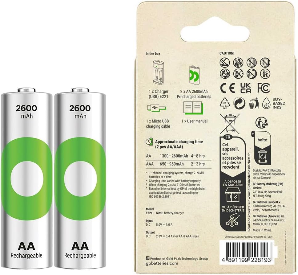 E221 USB Pil Şarj Cihazı 2 Adet 2600mAh AA Kalem Pilli Set
