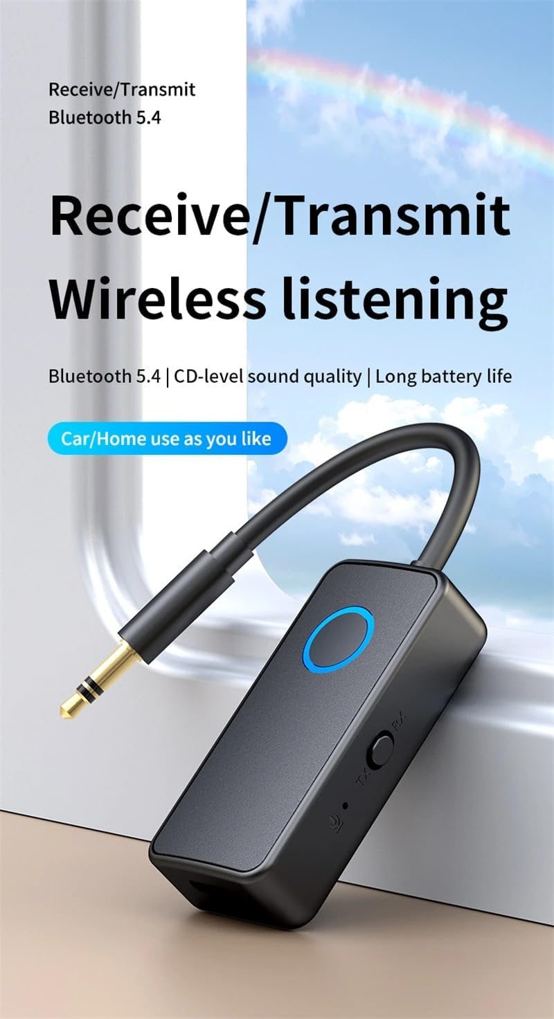 Bluetooth 5.4 Ses Alıcı & Verici – 2’si 1 Arada AUX Adaptör, 3.5mm Jak, USB-C Şarj, 15m Kablosuz Menzil, 180mAh Batarya, Araç & Ev Hoparlör için Kablosuz Müzik Adaptörü | M30