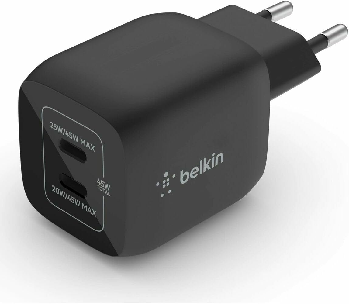 Çift USB-C Duvar Şarj Cihazı 45W, iPhone 14, 13, 12, Pro, Pro Max, iPad Pro 12.9, 11, MacBook, Galaxy S23, S23+, Ultra, Tab ve daha fazlası için GaN Teknolojili PD 3.0 Hızlı Şarj