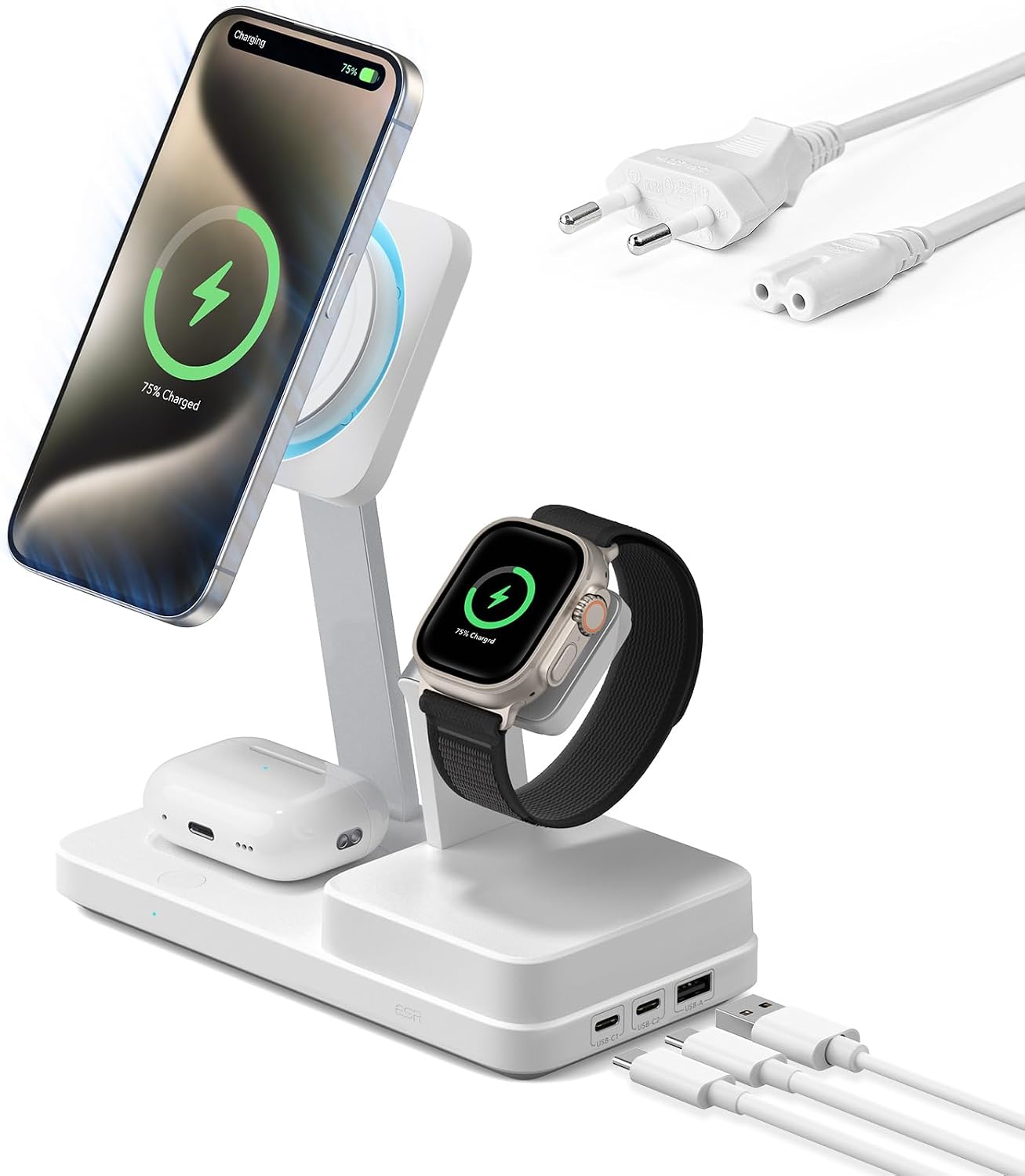 100 W 6'sı 1 arada GaN şarj istasyonu, CryoBoost, MagSafe şarj standı ile uyumlu, manyetik kablosuz şarj cihazı, iPhone 17e/17/16/15/14/13, Apple Watch, AirPods 4/3/2/Pro, USB-C/A cihazları için