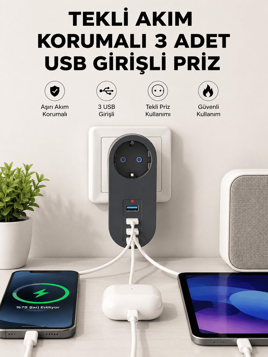Isıya Dayanıklı 3 USB Portlu Güvenlikli Priz – Akıllı Enerji Yönetimi