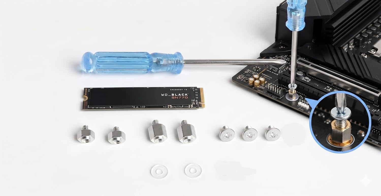 M.2 NVMe SSD Montaj Vida Seti, Çelik, M2 Metrik, Anakart Yükseltici Vidalar, Pullar ve Tornavida Hediyeli, 10 Parça