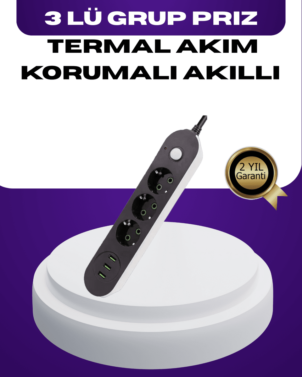USB Yuvalı Anahtarlı Üçlü Priz 2 Metre Kablolu