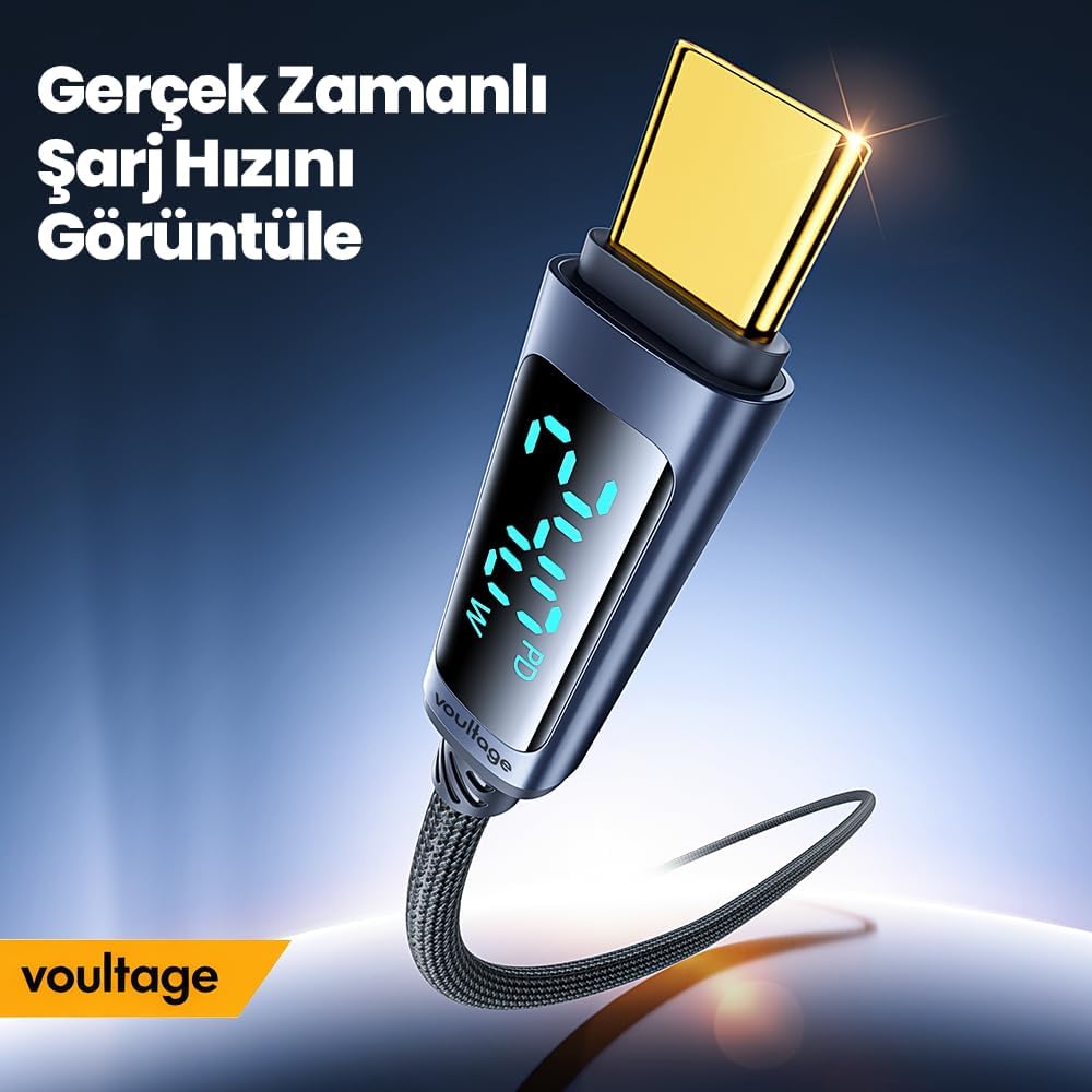 240W Type-C to Type-C Dijital Ekranlı Hızlı Şarj Kablosu 1m, Örgülü Akıllı Göstergeli PD 3.1 480Mbps Data ve Veri Transfer Kablosu, MacBook, iPhone 15/16, Android ile Uyumlu - Siyah