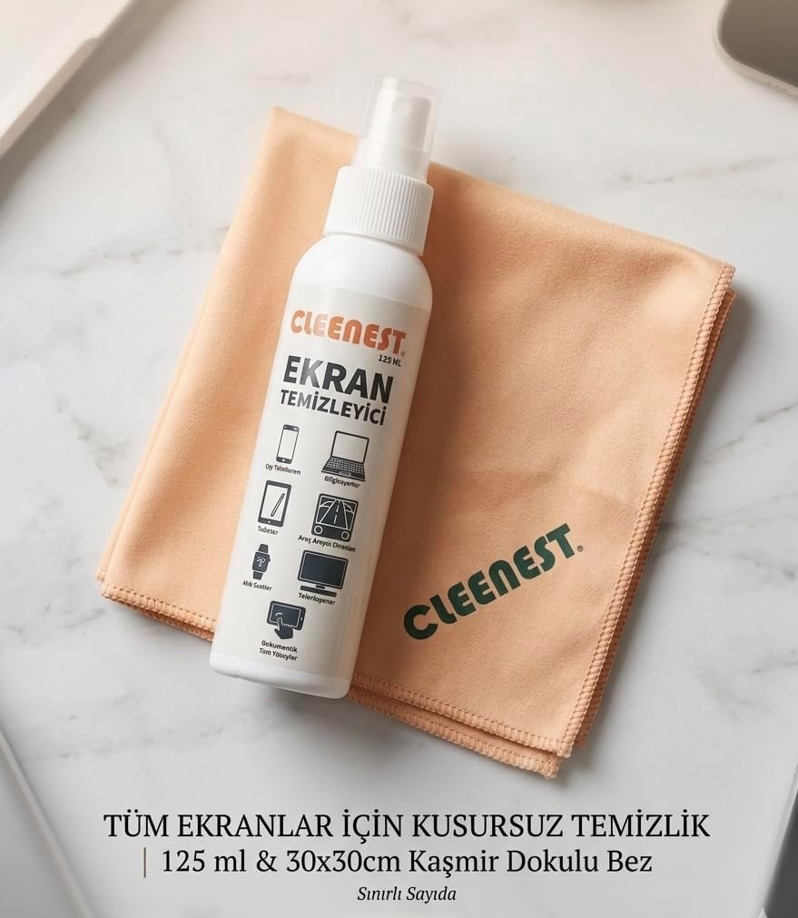 Ekran Temizleyici Seti – 125 ml Nazik Sprey & Yumuşacık 30x30 Kaşmir Bez – Tüm Ekranlar İçin Parlak Çözüm