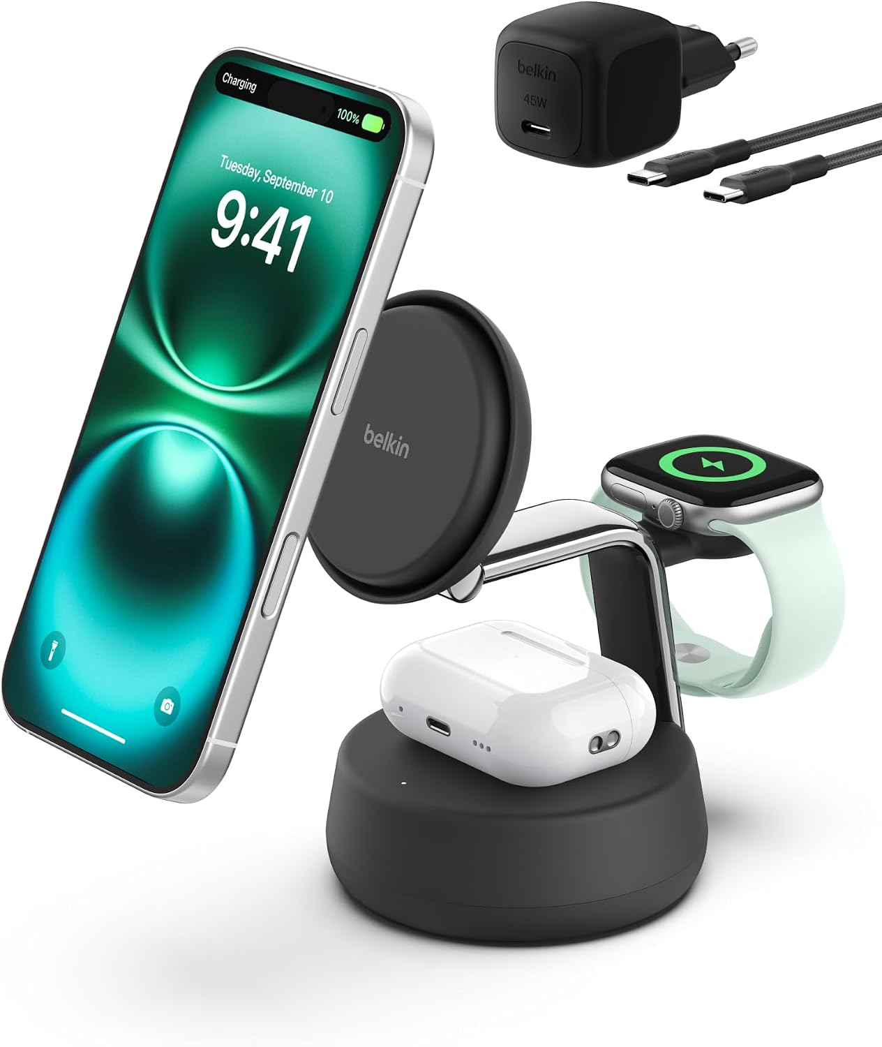 UltraCharge Pro MagSafe Uyumlu 3’ü 1 Arada Qi2 25W Kablosuz Şarj Cihazı, iPhone 17, Apple Watch, AirPods, Pixelsnap, Seyahat ve Masaüstü Standı, 45W Adaptör, Siyah