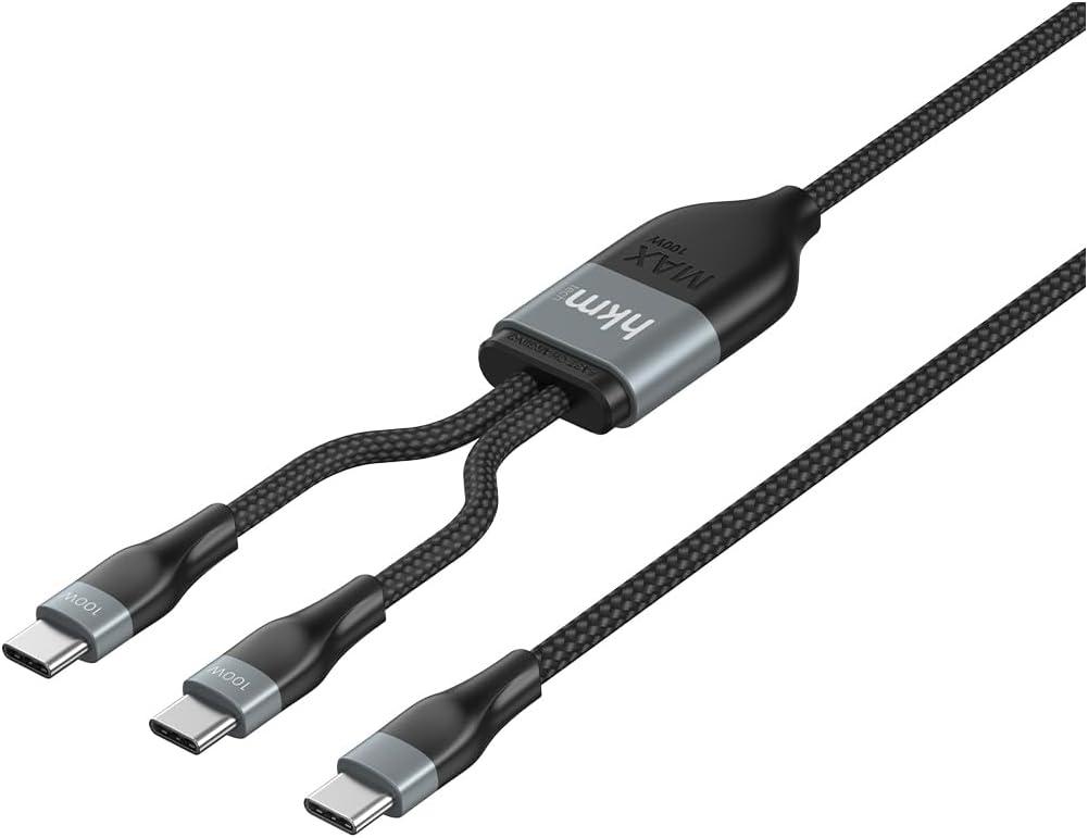DUO POWER 100W Çift Uçlu, Type-C to Type-C + Type-C Şarj Kablosu, Örgü Tasarım, 1.2 metre, Siyah