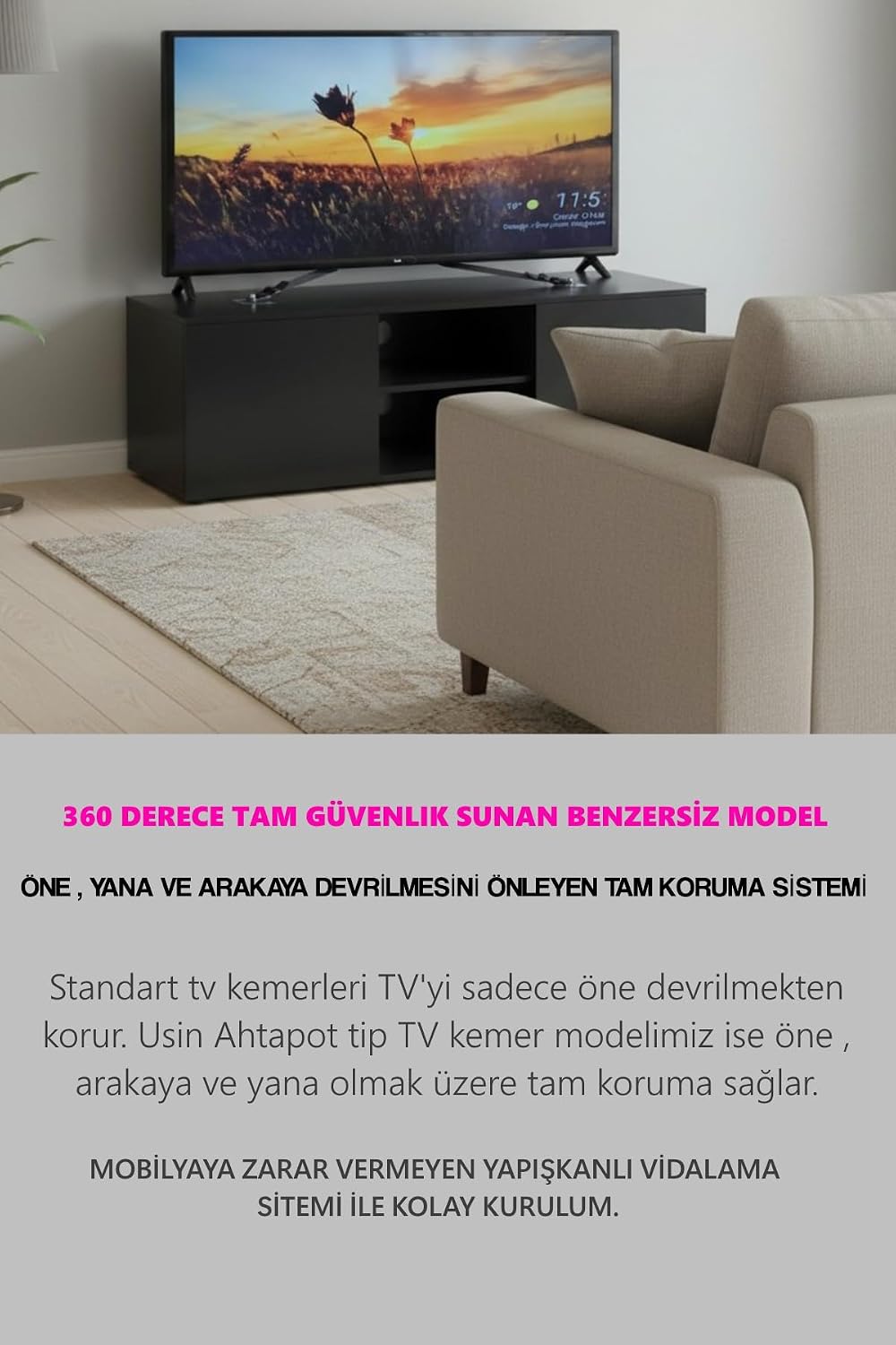Öne ve Arkaya Devrilmesini Önleyen Mobilyaya Yapışkanlı LCD TV Askısı Kedi Köpek Çoçuk Bebek Deprem Koruma Güvenlik Kemeri Ahtapot Tip
