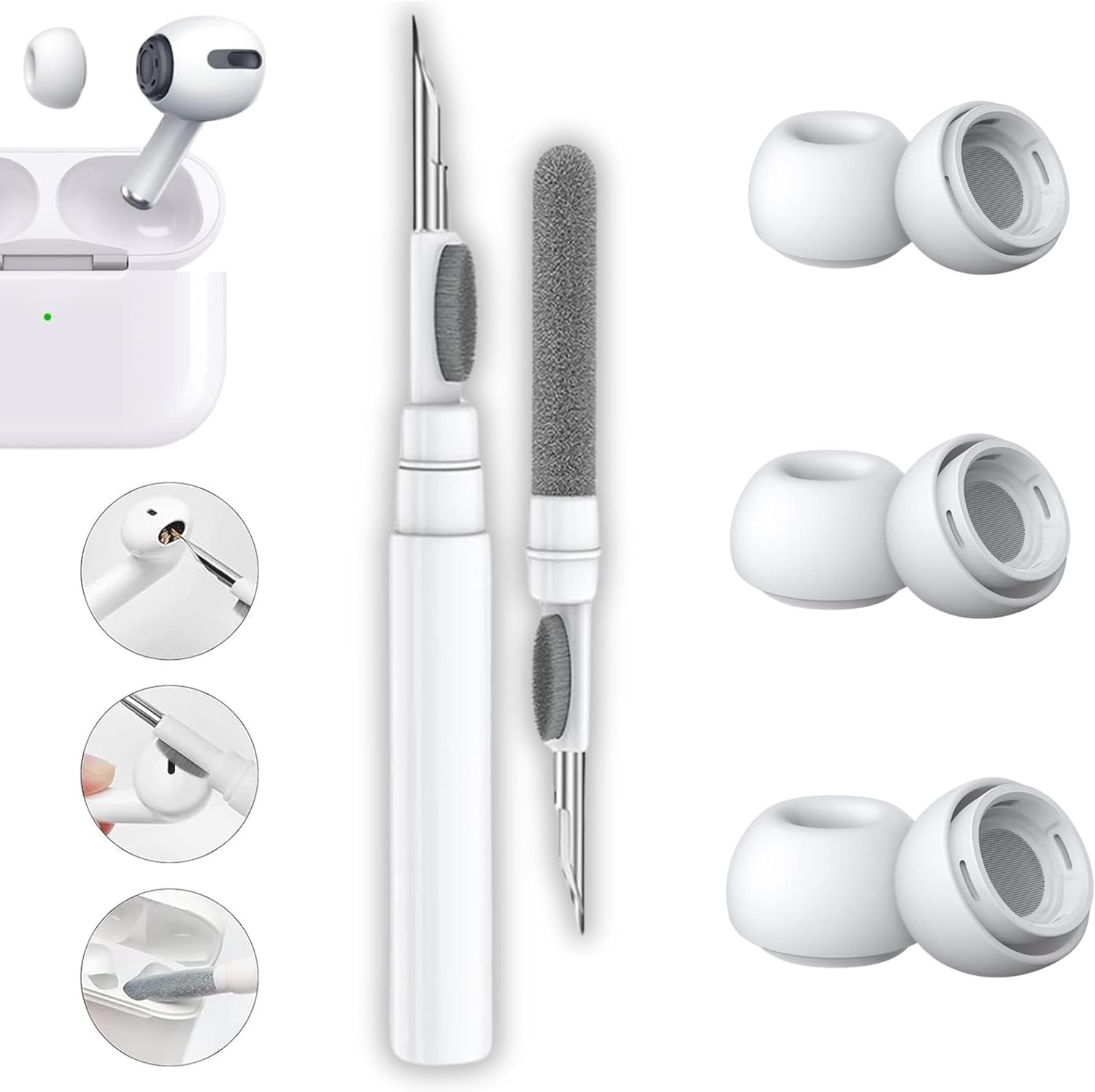 Pro ve Pro 2.Nesil Uyumlu Anc Delikli Silikon Kulaklık Uçları (S,M,L) ve 3'ü 1 Arada Bluetooth Kulaklık Temizleme Kalemi Seti (Beyaz)