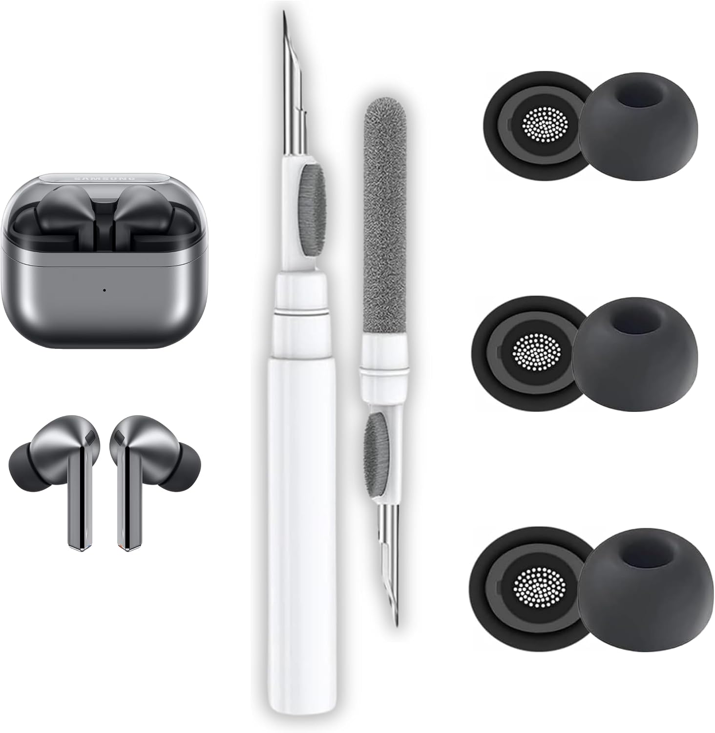 Samsung Galaxy Buds3 Pro / Buds4 Pro Uyumlu Üç Boyut Premium Silikon Kulaklık Uçları (S,M,L) Ve 3'ü 1 Arada Bluetooth Kulaklık Temizleme Kalemi Seti (Siyah)