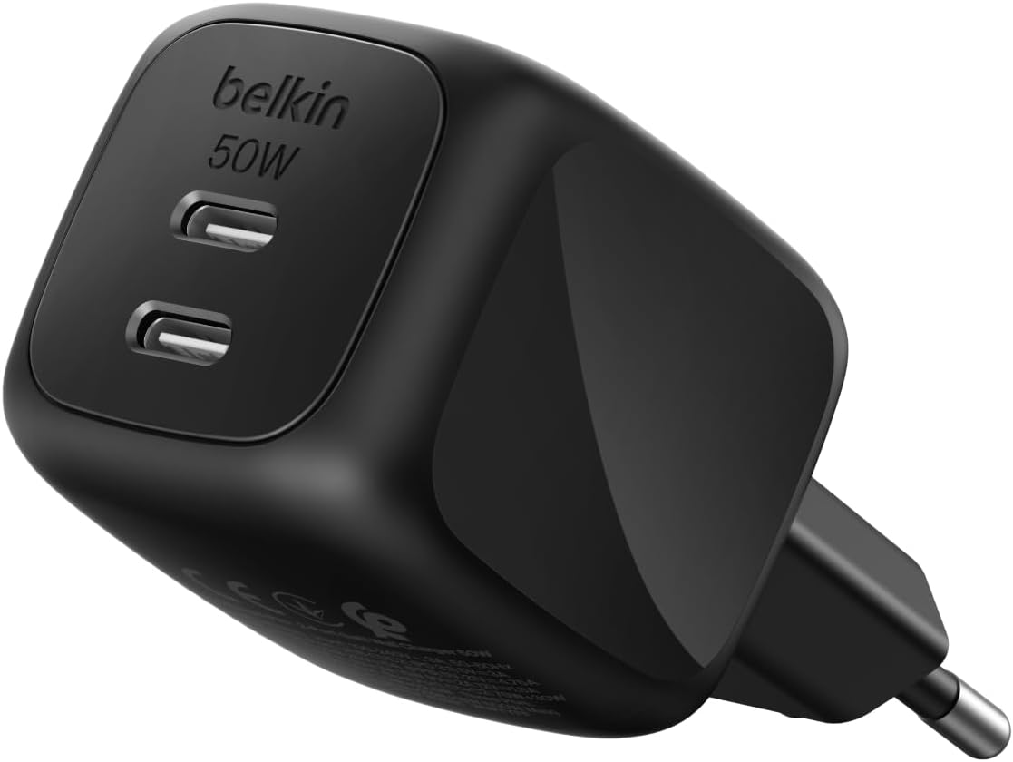 2 Bağlantı Noktalı USB-C Şarj Cihazı 50 W, 2x USB-C Çift Bağlantı Noktalı GaN Şarj Cihazı, MacBook, iPhone 17, iPad Pro, Chromebook, Galaxy S25 Ultra, Pixel 10 vb. için, Seyahat için, Siyah