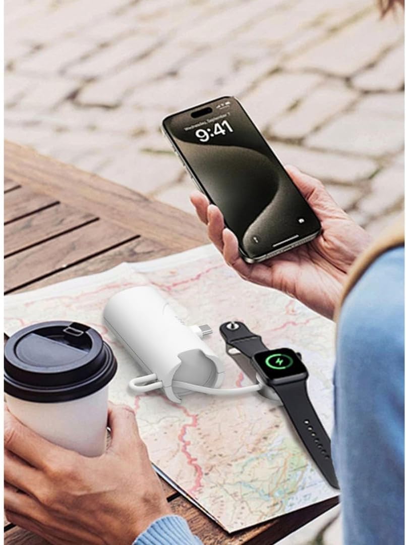 5000 mAh Mini Powerbank 20W PD Hızlı Şarj Dahili USB-C Kablolu Akıllı Saat Şarj Kablolu Taşınabilir Power Bank Telefon ve Saat Uyumlu Beyaz