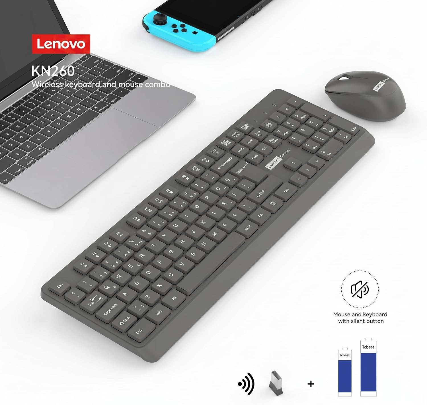 KN260 Sessiz Kablosuz Klavye Mouse Seti - Koyu Gri, 2.4GHz Wireless, Mini Tek USB Alıcı (Wireless Silent Keyboard & Mouse Set)