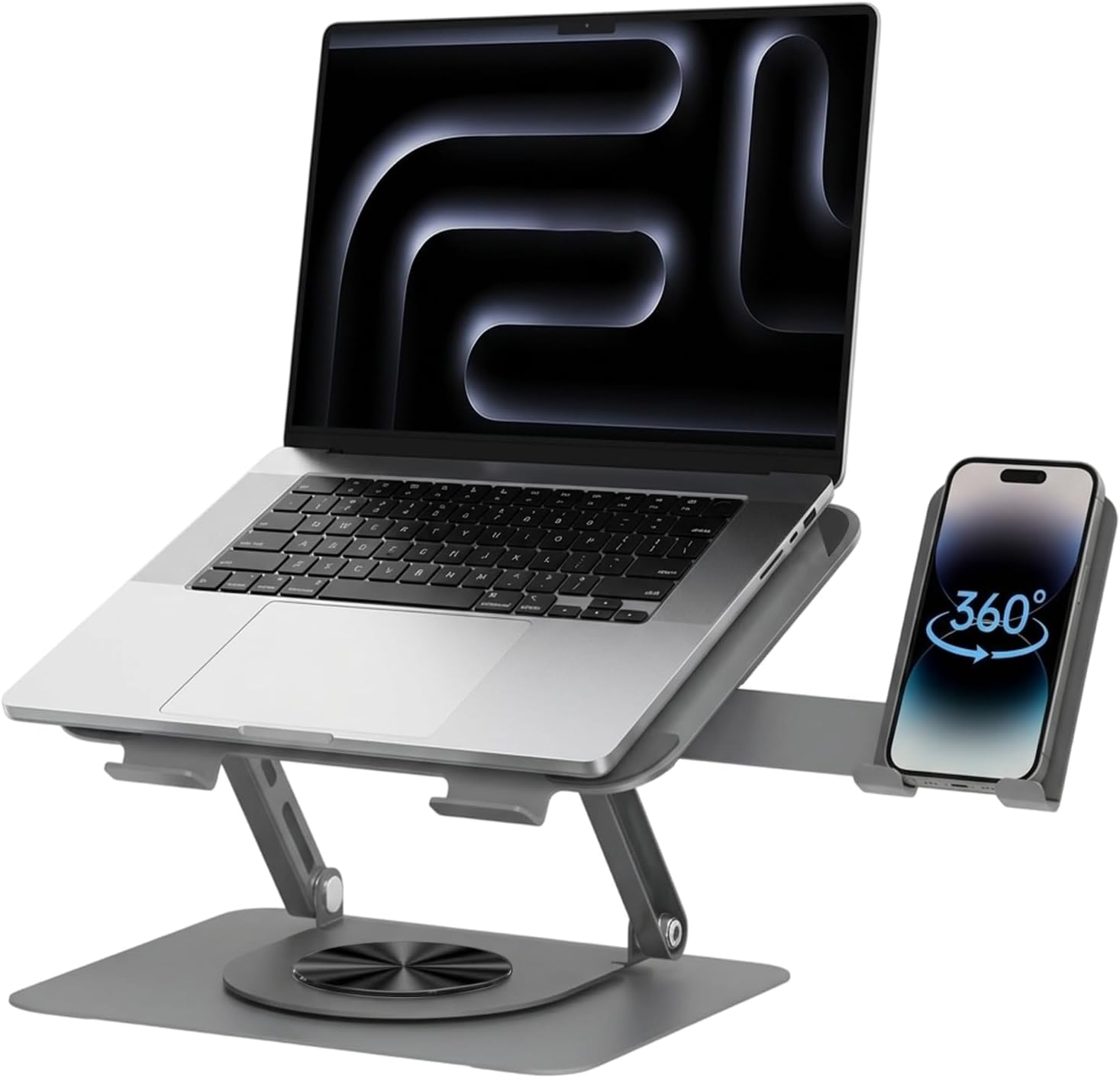 360 Derece Döner Laptop Standı Telefon Tutuculu, Ayarlanabilir Katlanabilir Notebook Yükseltici, 10-15.6 İnç Laptop ile Uyumlu Masaüstü Alüminyum Stand | L189-C