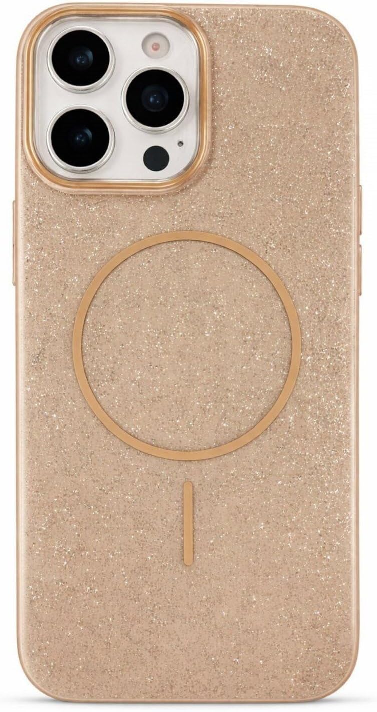 iPhone 13 Pro Uyumlu MagSafe Kılıf Simli Parlak Tasarım Manyetik Kablosuz Şarj Uyumlu Kamera Korumalı Telefon Kılıf-(Gold)