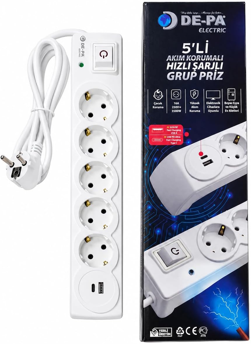 DE-PA 5'li Akım Korumalı Grup Priz 1,5 Metre Kablolu, 25W PD Type-C ve QC 3.0 USB Hızlı Şarj, 16A 3500W, Anahtarlı, Çocuk Korumalı Topraklı Uzatma Prizi