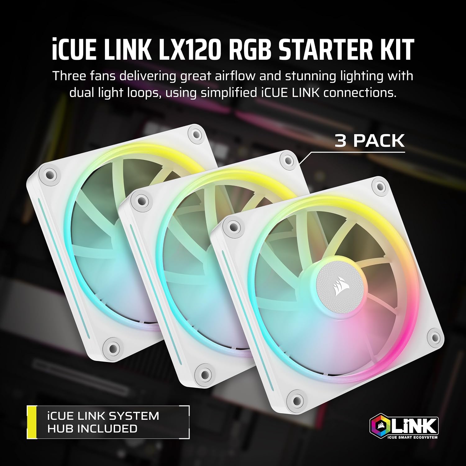 iCUE LINK LX120 RGB 120mm PWM Kasa Fanı Üçlü Paket, Çift Işık Döngüsü, AirGuide Teknolojisi - Beyaz (CO-9051030-WW)