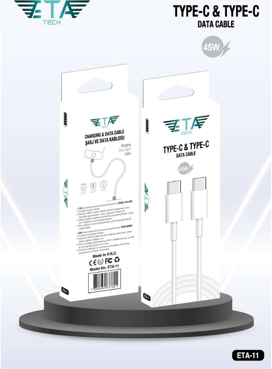 USB-C - USB-C 45Watt PD TYPE-C PD/QC Hızlı Şarj/Data Kablosu Beyaz Hızlı Şarj & Data Kablosu,1Metre