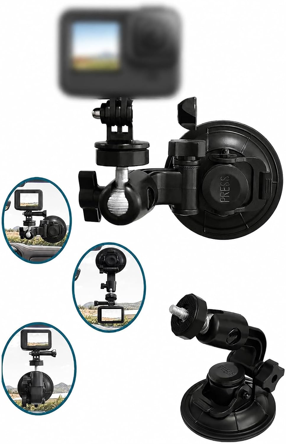 Vantuzlu Ayarlanabilir Kamera Tutucu Araç İçi Cam Konsol Montaj Aparatı | 360° Döner Mafsallı Güçlü Vakum Tabanlı Aksiyon ve Mini Kamera Standı | KMT-54