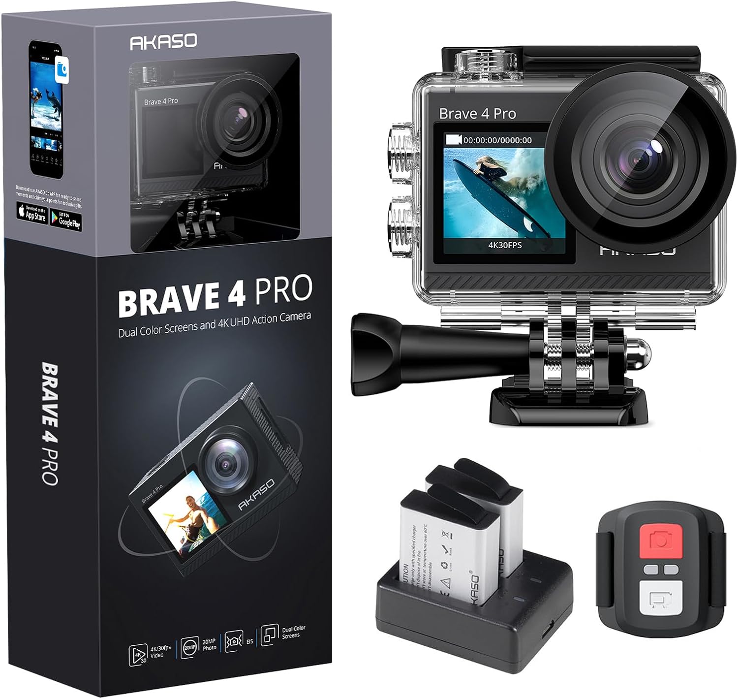 Brave 4 Pro Aksiyon Kamerası 4K Su Geçirmez Su Altı Kamerası 40 m - Ultra HD 20MP 170° Geniş Açılı WiFi Spor Kamerası Çift Ekran, Dokunmatik Ekran, 5X Yakınlaştırma ve Montaj Setleri