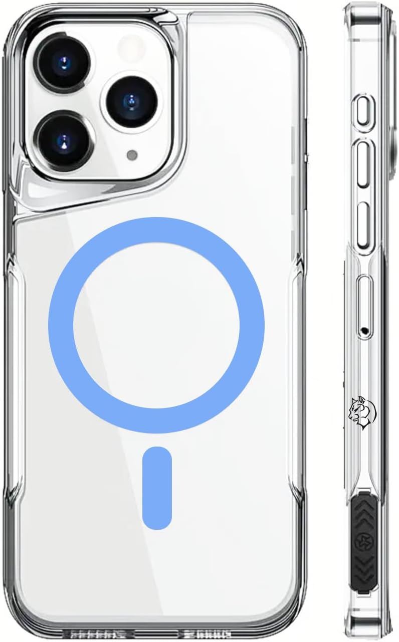 iPhone 16 Pro Max İle Uyumlu Mag safe Özellikli Ultra Kristal Kenarları Yumuşak Arkası Sert Tam Koruyuculu Silikon Kılıf (Şeffaf/Açık Mavi, 6.9 İnç)