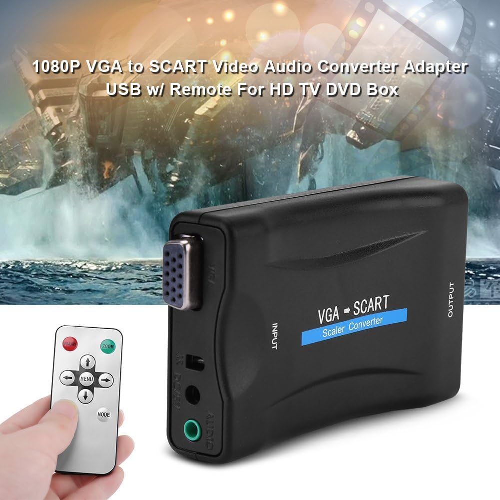 VGA to SCART Dönüştürücü Scaler Kutusu, PC/Laptop VGA Görüntüyü SCART Girişli TV’ye Aktarma, 3.5mm Ses Girişi, 5V USB Güç Besleme, IR Kumandalı | ZR1123
