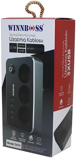 Winnboss-3414 3'lü Termal Akım Korumalı USB'li Uzatma Kablosu, CHRMK11985