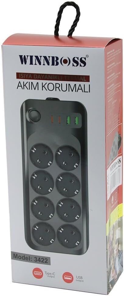 Wınnboss-3422 8'li Priz Uzatma Kablosu USB Type-C Girişli, 2 Metre, CHRMK12268, Siyah, Erkek