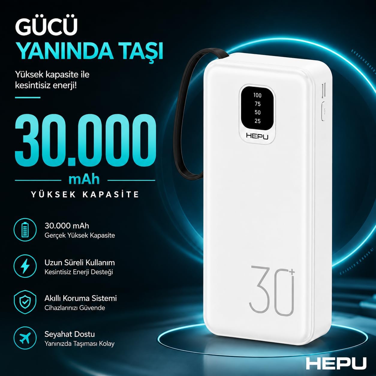 30000 mAh Taşınabilir Şarj Cihazı Powerbank - LED Dijital Ekranlı & Çoklu Çıkış Destekli Güç Bankası