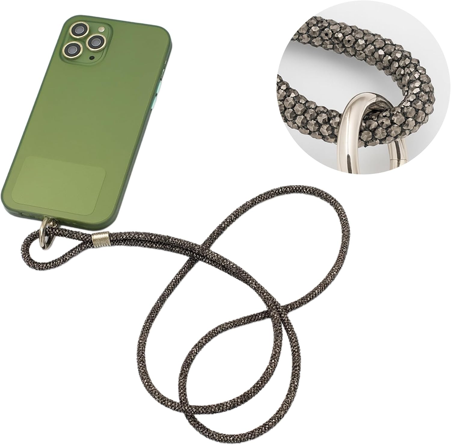 Cep Telefonu Boyun Askısı, Swarovski Taşlı Işıltılı Askı, Ayarlanabilir, Metal Halkalı, Hafif & Şık Askı İpi, Suya Dayanıklı Tasarım - Antrasit