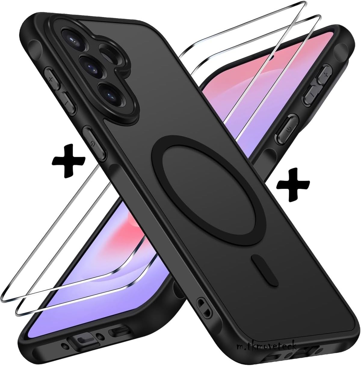 Samsung Galaxy A57 ile uyumlu Kılıf Mat MagSafe ile uyumlu Şarj Özellikli Yumuşak Kenarlı + Ekran Koruyucu Cam Set - Siyah