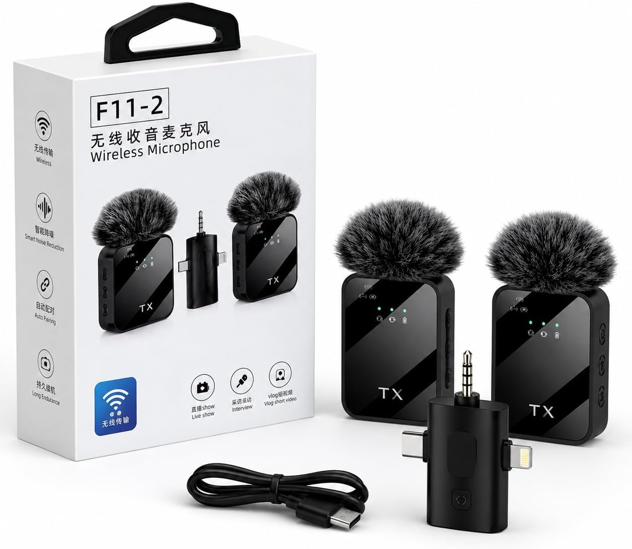 DENSHİ F11-2 Kablosuz Yaka Mikrofonu 2'li Set, 3'ü 1 Arada Alıcı (Type-C, Lightning, 3.5mm), Android iPhone Kamera Uyumlu, Gürültü Engelleme, Vlog Röportaj Podcast Yayın Mikrofonu