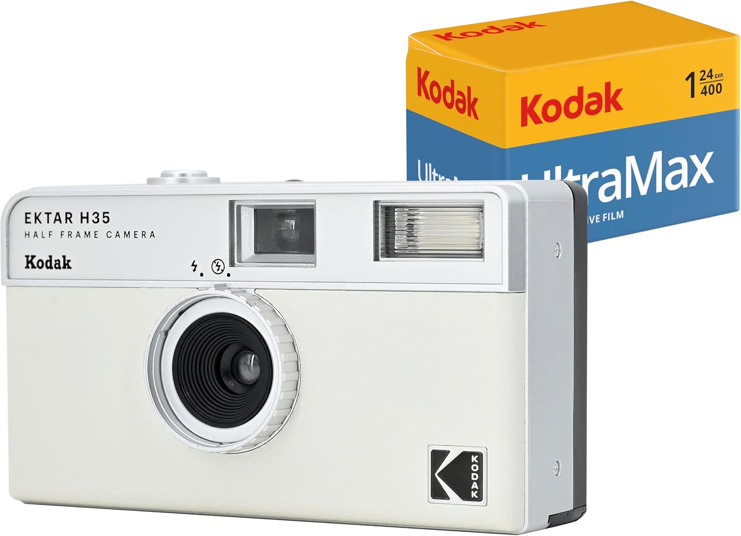 KODAK EKTAR H35 Yarım Çerçeve Film Kamera (Off-Beyaz) Kodak Ultramax 400/24EXP 35mm Rulo Film ile Paket