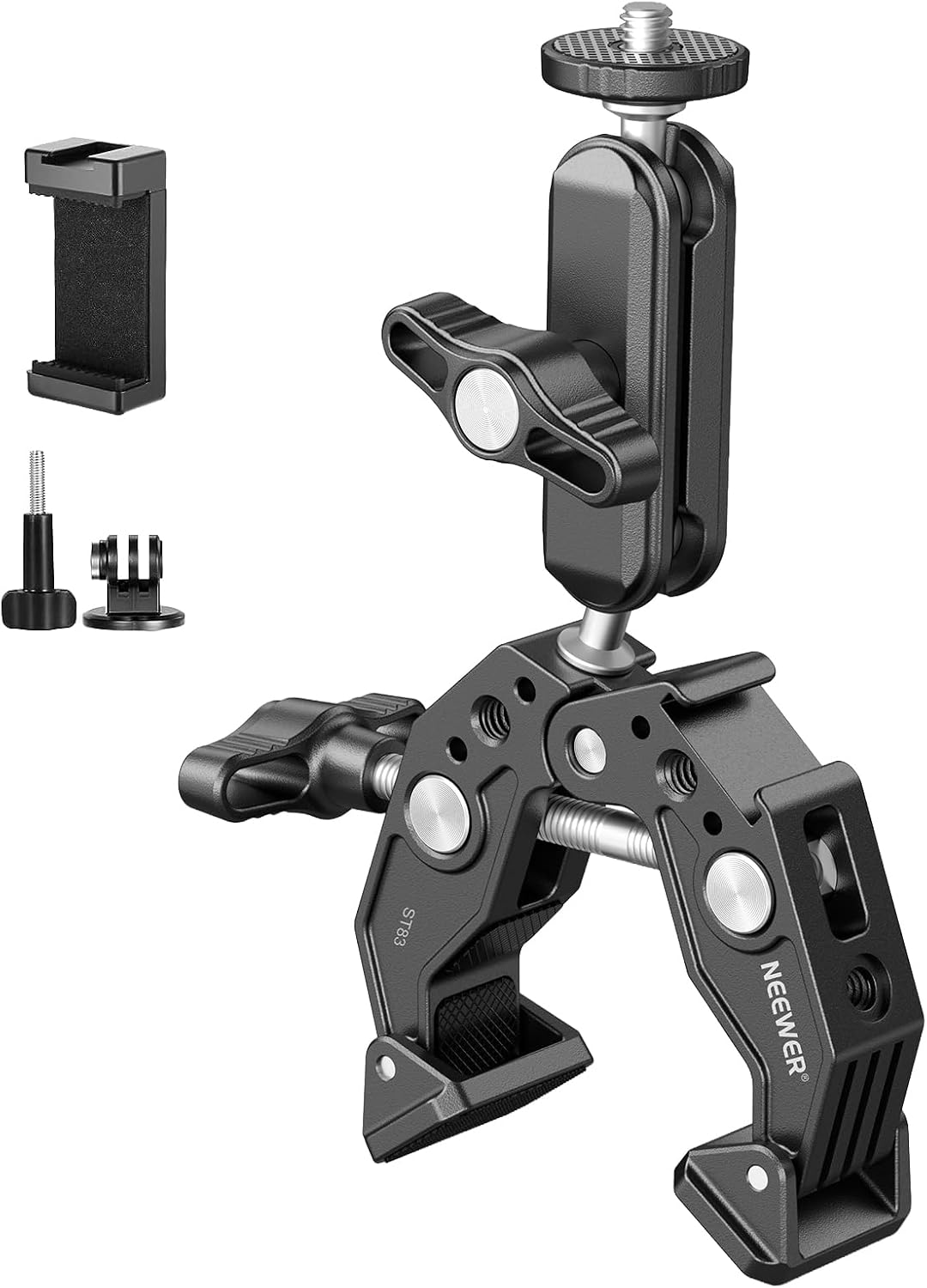 Süper Kelepçe 3 "Çift Ballhead Sihirli Kol, Soğuk Ayakkabı, 1/4" 3/8" Konular, Telefon/Aksiyon Kamera Montaj Adaptörü Masa Tripod Tüp Crossbar Gimbal Çubuklar için SmallRig GoPro DJI, ST83 ile