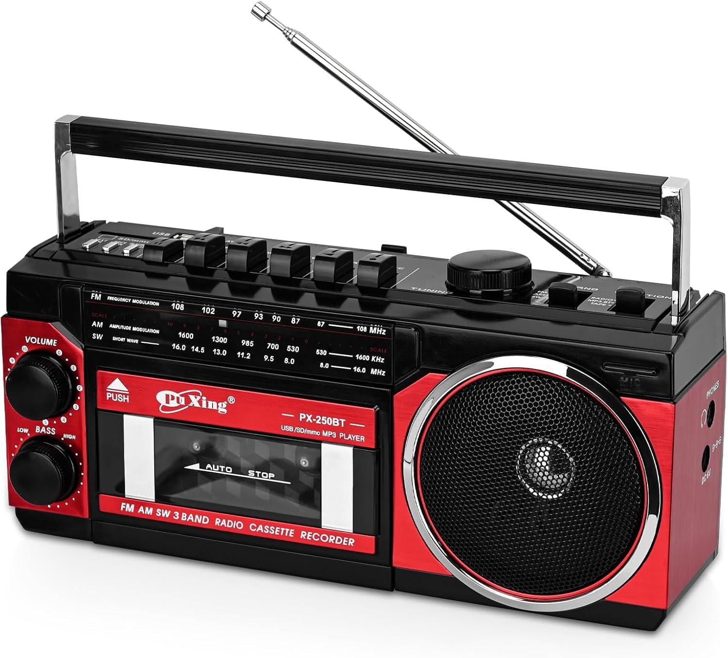 Kaset Çalar, Taşınabilir Kaset Teyp Çalar, FM/AM/SW Frekans Bandı Destekli Kaset Kaydedici, Kaset/Bluetooth/Kart Girişi/Kayıt Özellikli, Pilli/Elektrikli Kullanılabilir, PX-250BT (Kırmızı)