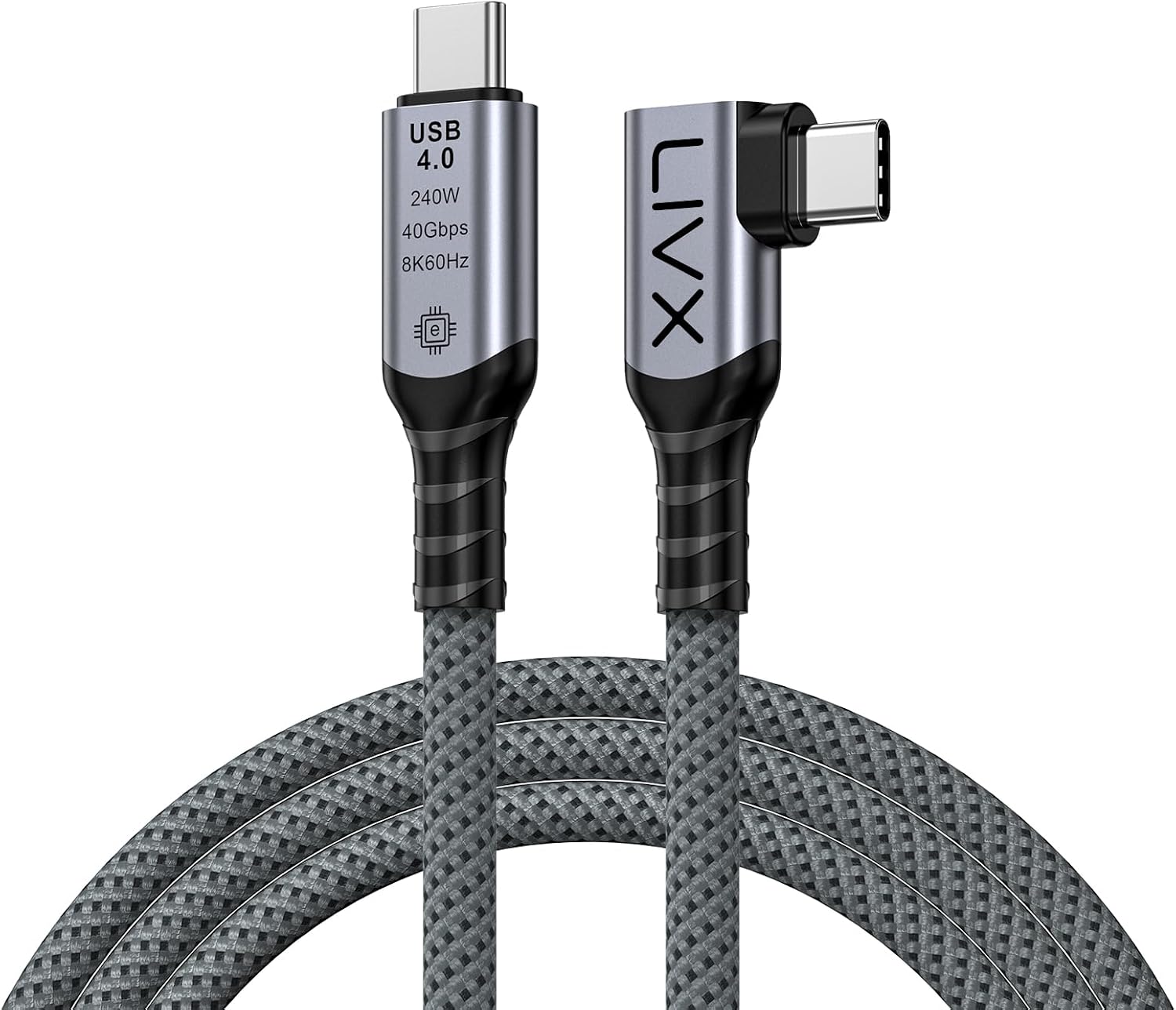 USB4 Kablo 90 Derece USB-C to USB-C 40Gbps Veri Aktarım, 240W PD Hızlı Şarj, 8K@60Hz Görüntü Desteği, Thunderbolt 3/4 ile Uyumlu, Örgülü Dayanıklı Şarj ve Data Kablosu KLV-Y