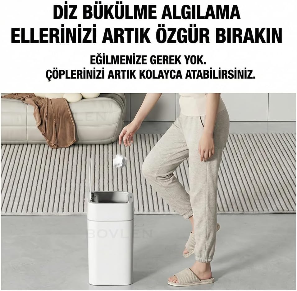 Otomatik Hareket Sensörlü Çöp Kovası, Banyo Çöp Kovası, Çocuk Odası Çöp Sepeti, Çöp Kutusu, (2 adet 1.5 V AA pil, piller pakete dahil değildir) 12 Litre - 23.5x17.5x31.8 cm